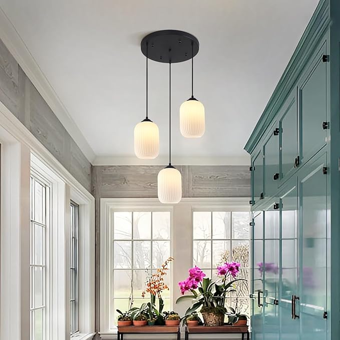 Small 3 Light Cluster Chandelier White and Black Glass Cylinder Pendant Light Vintage Milk Glass Chandelier Mid Century Modern Kitchen Island Pendant Light Stairwell Lighting Fixtures