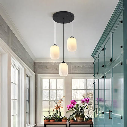 Small 3 Light Cluster Chandelier White and Black Glass Cylinder Pendant Light Vintage Milk Glass Chandelier Mid Century Modern Kitchen Island Pendant Light Stairwell Lighting Fixtures