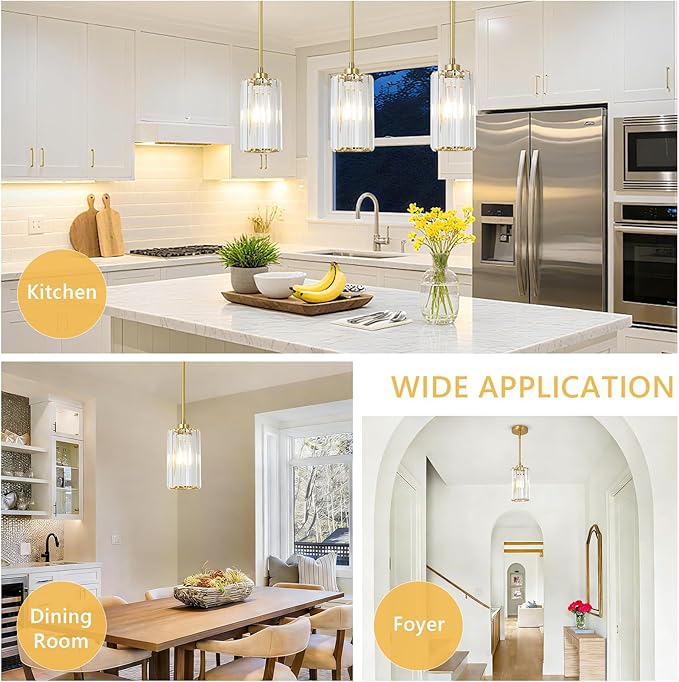 LAMSU 3 Pack Gold Pendant Lights Kitchen Island, Modern Pendant Lighting with Clear Crystal Shade, Vintage Brass Chandelier Light Fixtures Ceiling Hanging for Dining Room Bedroom Foyer Hallway