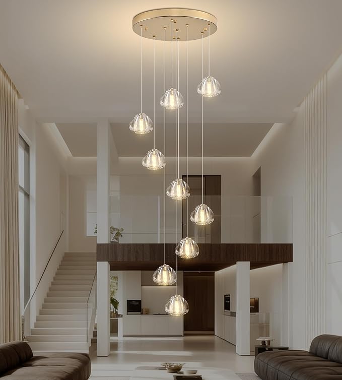 Modern Crystal Chandelier 9-Lights High Ceiling Raindrop Chandelier, Gold LED Round Indoor Lighting Fixture for Foyer Staircase Living Room