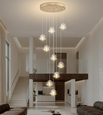 Modern Crystal Chandelier 9-Lights High Ceiling Raindrop Chandelier, Gold LED Round Indoor Lighting Fixture for Foyer Staircase Living Room