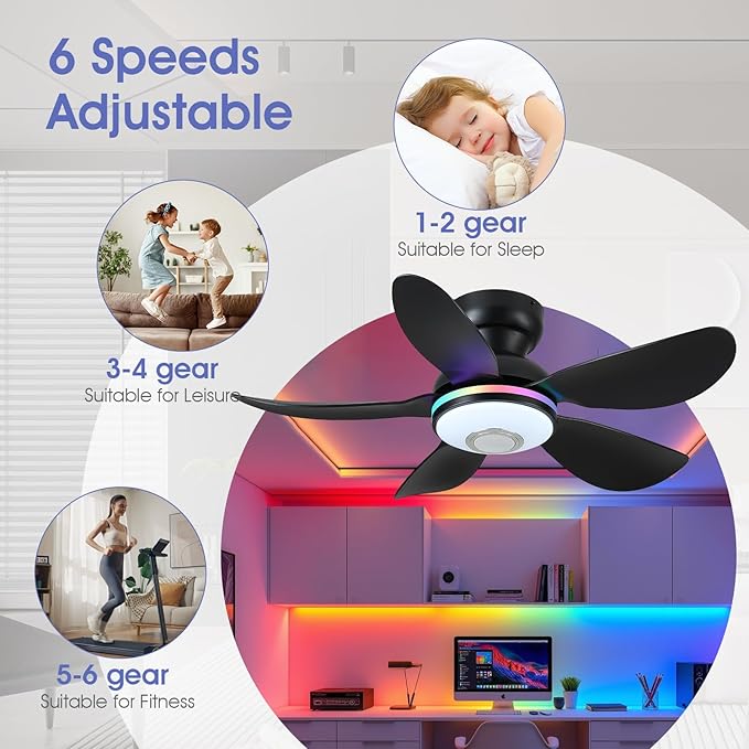 Kviflon 36" Ceiling Fans with RGB Lights Remote/APP Control, Small Ceiling Fan, 3 CCT Dimmable White Lights+RGB Ring Lights+Music Player, 5 Reversible Plastic Blades 6 Speeds for Kidsroom, Black