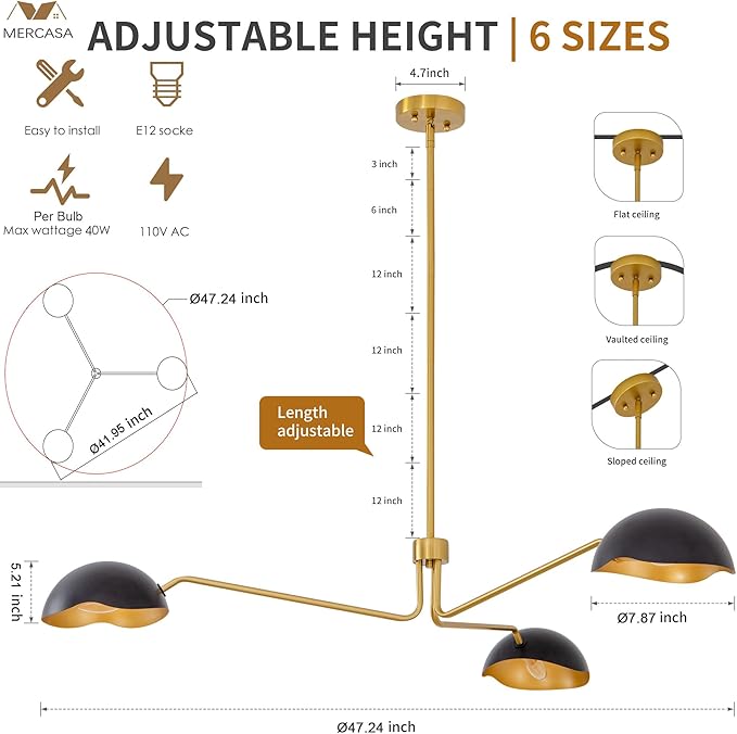 Mid Century Gold Black Chandelier Italian Style for Dining Room, Entryway, Home Office/Study, Kitchen, Bar, Bedroom, Handcrafted of Steel and Aluminum (3 Lights Chandelier)