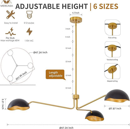 Mid Century Gold Black Chandelier Italian Style for Dining Room, Entryway, Home Office/Study, Kitchen, Bar, Bedroom, Handcrafted of Steel and Aluminum (3 Lights Chandelier)