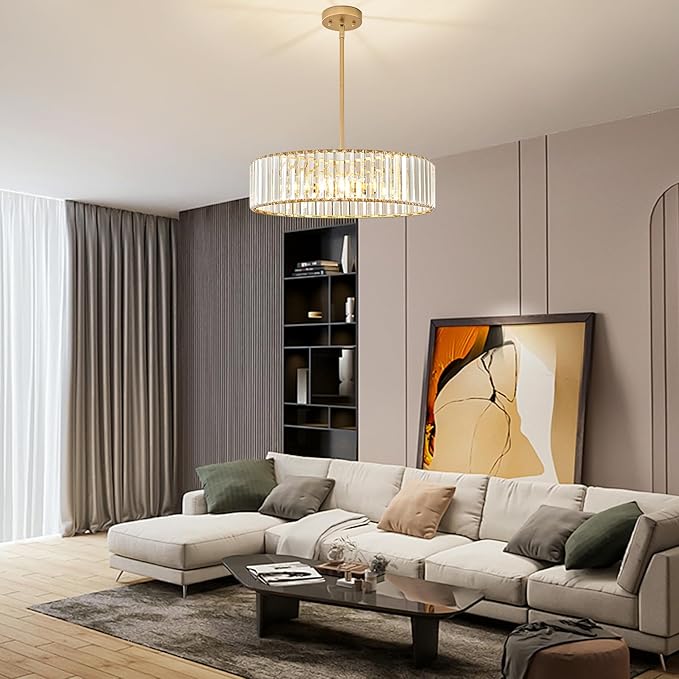 YURNYQ Gold Crystal Chandelier for Dining Room, 6-Light Modern Semi Flush Mount Chandelier Lighting Fixtures, Round Kitchen Hanging Drum Pendant Lights Ceiling for Living Room Bedroom Foyer, 19.6 Inch
