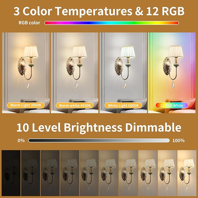 Wireless Battery Operated Antique Brass Wall Sconces Set of 2, 10000mAh Rechargeable Gold Crystal Vintage Fabric Shade Wall Lights with Bulbs & Remotes, RGB Dimmable for Living Room Bedroom Hallway