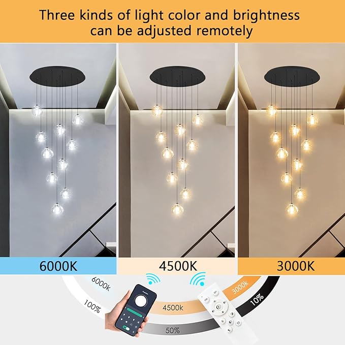 HAIXIANG LED Chandeliers for Dining Room Adjust High Ceiling Chandelier Light Fixtures Entrance LED Dimmable Ceiling Pendant Drops Light Remote Lights for Living Room Stairwell 2700K 6000K