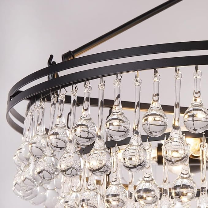 TOCHIC Black Crystal Chandelier 24 inch, Modern Farmhouse Light Fixtures Ceiling Hanging Crystal Pendant Lighting for Bedroom, Dining Room, Kitchen Island Light, Living Room Chandelier, 3 Tiers