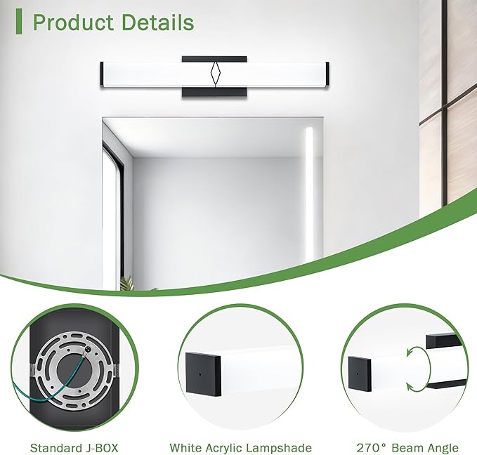 24 Inch Bathroom Vanity Light 2500LM, 5700K Daylight White Modern Bathroom Light Dimmable, AC 120V 25W Matte Black LED Vanity Lighting Fixtures Wall Sconce ETL Certified, 1Pack