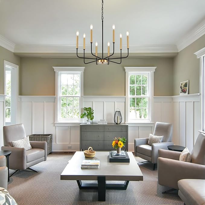 Modern Black and Gold Chandelier for Dining Room, 8-Light Metal Farmhouse Dining Room Light Fixtures Hanging Candle Chandelier Lighting for Kitchen, Living Room, Foyer, Entryway, Bedroom