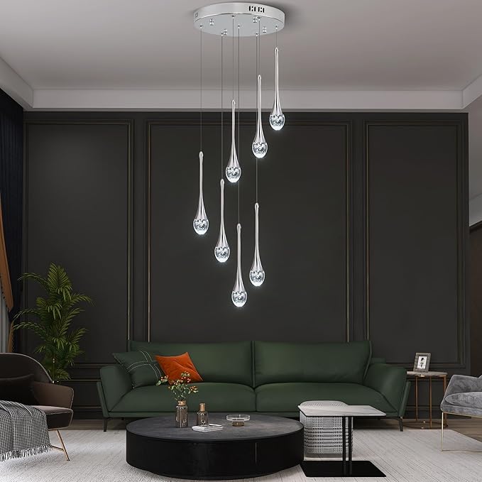 Modern Crystal Chandelier 7-Lights Chrome, H60'' High Ceiling Spiral Dimmable LED Bubble Crystal Raindrop Light Fixture for Foyer Entryway Dining Room Remote Control