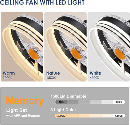 Mpayel RGB Ceiling Fans with Lights, 13" Low Profile Ceiling Fan with Light and Remote, 3000-6000K Dimmable Modern Black Flush Mount LED Fan Light for Bedroom, Living Room, Kitchen