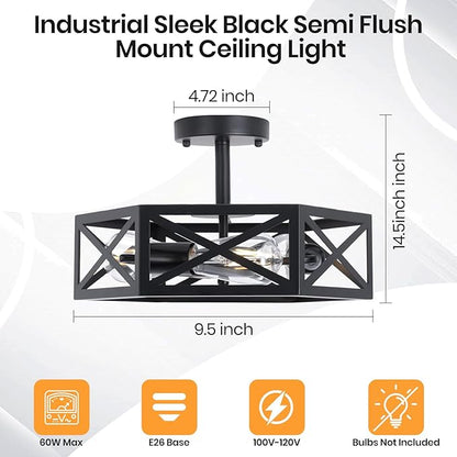 Farmhouse Light Fixtures Ceiling Mount, 3-Light Black Semi Flush Mount Ceiling Light Fixture, Close to Ceiling Hallway Lights, Industrial Rustic Ceiling Lights for Bathroom, Entryway, Kitchen