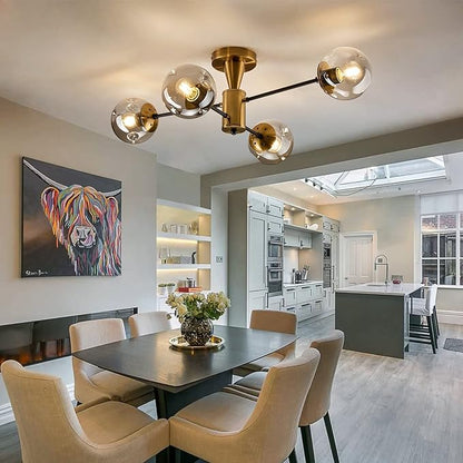 hesoge Modern Semi Flush Mount Ceiling Light Fixture, 4-Light Gold Mid Century Chandelier with Glass Globe,Ceiling Lighting for Dinning Room Farmhouse Kitchen Bedroom Living Room.