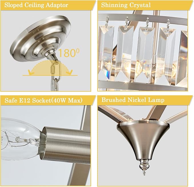 Brushed Nickel Crystal Chandeliers for Dining Room, Modern Round Light Fixture for Kitchen Hallway Bedroom Foyer Living Room, 4 Lights Farmhouse Adjustable Height Hanging Light, 16 Inch