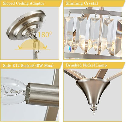 Brushed Nickel Crystal Chandeliers for Dining Room, Modern Round Light Fixture for Kitchen Hallway Bedroom Foyer Living Room, 4 Lights Farmhouse Adjustable Height Hanging Light, 16 Inch