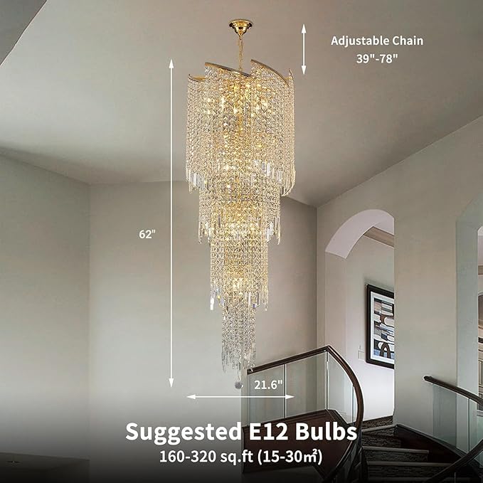Modern Crystal Chandelier Gold Spiral Chandeliers for Dining Room, 4 Tiers Ceiling Pendant Light Fixtures, Golden Large Raindrop Chandelier for Foyer Living Room Entryway Staircase, H62 x D21.6