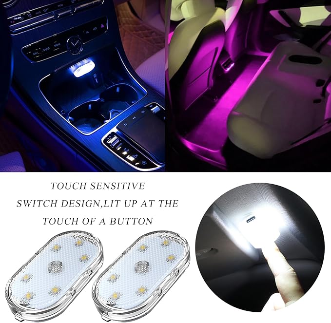 Wevdn 2 PCS Car LED Lights Interior Wireless, Sticky Car Ambient Lighting with 6 Bright LED Lamp Beads, Portable USB Rechargeable Vehicle Interior Led Night Light for Car (Colorful)