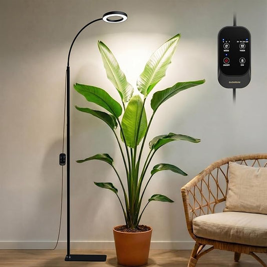 GLOWRIUM Grow Lights for Indoor Plants,20W Full Spectrum LED Plant Light with Stand,Adjustable Height,3/9/12H Timer,6 Dimmable Levels & 3 Lighting Modes (Black-Single Head)