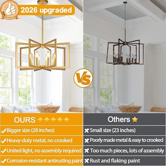 28" Modern Gold Chandelier for Dining Room, No Assembly Required Black Dining Room Light Fixture Over Table, Industrial Metal Hanging Pendant Lights Fixture for Kitchen Island, Entryway, Foyer