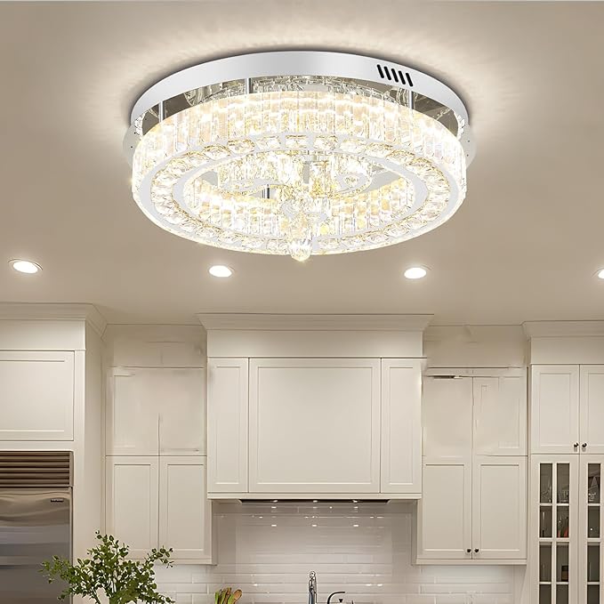 20'' Silver Modern Crystal Chandelier LED Dimmable Flush Mount Crystal Ceiling Light for Living Room Bedroom Dining Room