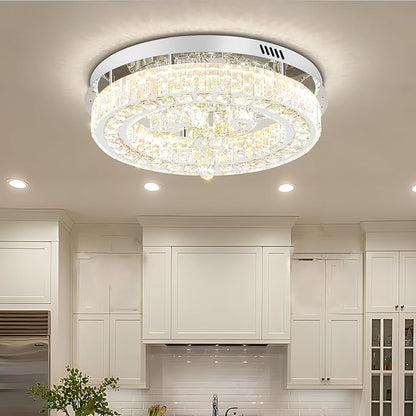 20'' Silver Modern Crystal Chandelier LED Dimmable Flush Mount Crystal Ceiling Light for Living Room Bedroom Dining Room