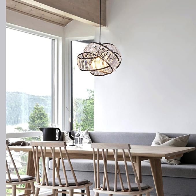 Modern Crystal Chandelier Light Fixure Mid Century Modern Geometric Black Ring Chandelier Vintage Small Crystal Black Chandeliers for Dining Room, Kitchen Island, Bedroom, Foyer