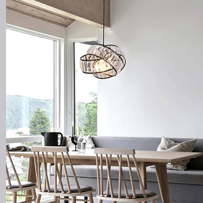 Modern Crystal Chandelier Light Fixure Mid Century Modern Geometric Black Ring Chandelier Vintage Small Crystal Black Chandeliers for Dining Room, Kitchen Island, Bedroom, Foyer