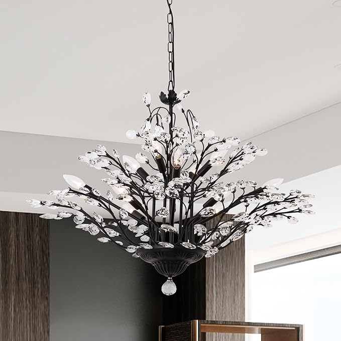Maxax Vintage Crystal Branch Chandeliers, 12-Light Adjustable K9 Crystal Pendant Hanging Lighting Ceiling Light Fixtures Chandeliers for Dining Room, Living Room, Bedroom, Porch, 33in, Black