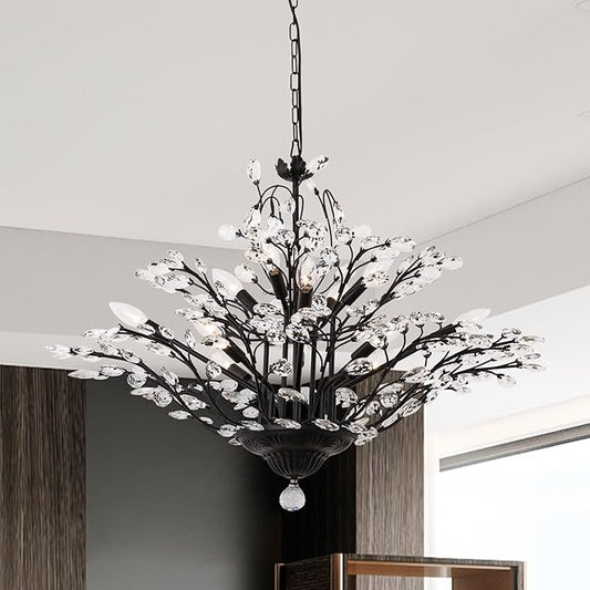 Maxax Vintage Crystal Branch Chandeliers, 12-Light Adjustable K9 Crystal Pendant Hanging Lighting Ceiling Light Fixtures Chandeliers for Dining Room, Living Room, Bedroom, Porch, 33in, Black