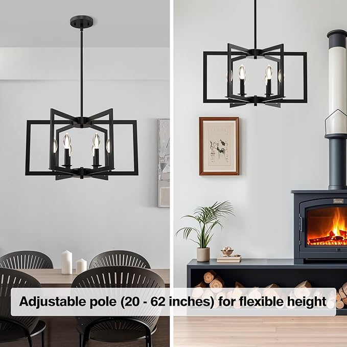 Modern Black Chandelier, 6-Light Geometric Dining Room Light Fixture, Industrial Pendant Lights Kitchen Island, Hanging Metal Farmhouse Chandeliers for Dining Room Entryway Foyer Bedroom Kitchen