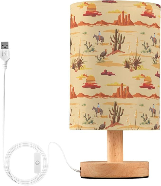 Table Lamp Vintage Desert Sunset Pattern Cactus Mountain Cowboy Horse Turkey Nightstand Lamp with Wood Base Fabric Lamp Shade Bedside Desk Lamp for Living Room Bedroom Kids Room Office