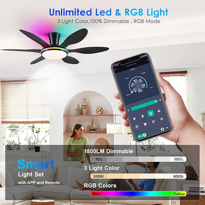 BayDay Ceiling Fans with Lights, Flush Mount Ceiling Fan Led Lights Quiet DC Dimmable 6 Blades (Black Fan, Led Light + Side RGB Light, 51 inch)
