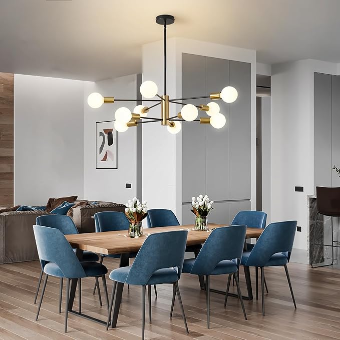 Sputnik Chandeliers Modern Black and Gold Chandeliers 10-Light Mid Century Farmhouse Chandelier Ceiling Light Fixture Height Adustable Pendant Light for Kitchen Island Living Room Dining Room