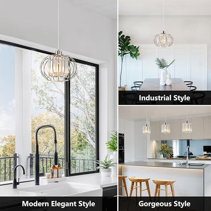 XSDeTu Brushed Nickel Pendant Light Fixtures, Modern Crystal Hanging Ceiling Light, Farmhouse Small Chandeliers, Metal Cage Pendant Lighting, Adjustable Pendant Lights Kitchen Island, Hallway