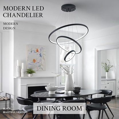 3 Ring Modern LED Chandelier Black Dimmable Round Chandeliers, LED Circular Pendant Light Fixture with Remote Control for Living Room, Dining Room, Office, Entry, Bedroom