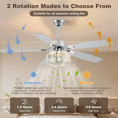Chandelier Ceiling Fans with Lights and Remote,Caged Ceiling Fan with Light,App 5 Blades E26 Fandelier Ceiling Fans with Lights,Crystal Ceiling Fan for Bedroom,Living Room. (Nickel, 52 Inch)
