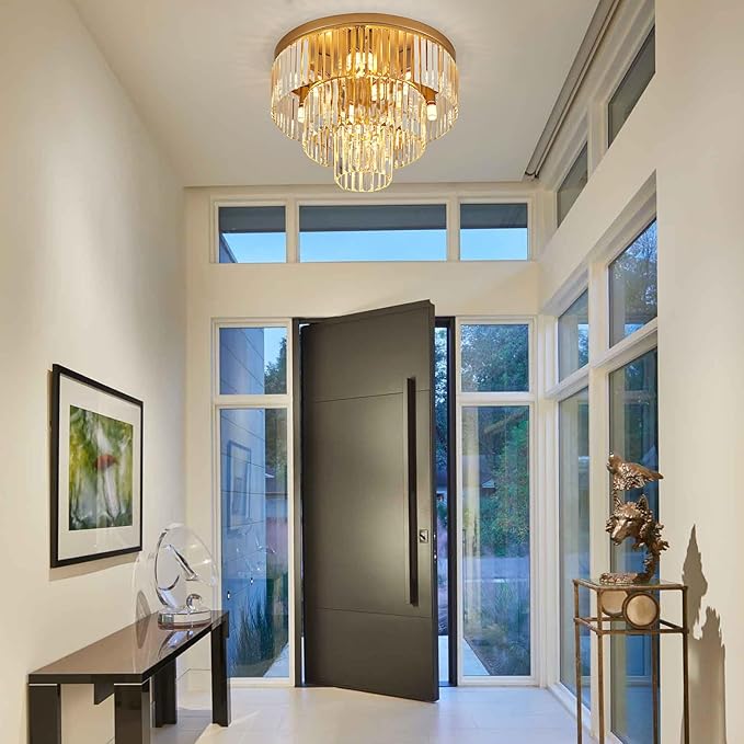 10-Light Gold Crystal Ceiling Light 21.65" Modern Crystal Ceiling Light Fixture 3-Tier Luxury K9 Crystal Flush Mount for Dining Room Kitchen Island Living Room Bedroom Entryway