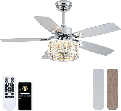 Chandelier Ceiling Fans with Lights and Remote,Caged Ceiling Fan with Light,App 5 Blades E26 Fandelier Ceiling Fans with Lights,Crystal Ceiling Fan for Bedroom,Living Room. (Nickel, 42 Inch)