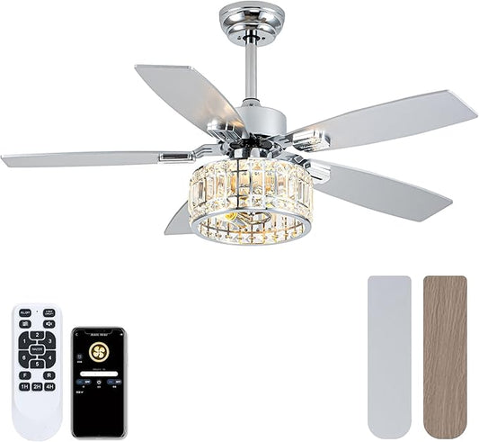 Chandelier Ceiling Fans with Lights and Remote,Caged Ceiling Fan with Light,App 5 Blades E26 Fandelier Ceiling Fans with Lights,Crystal Ceiling Fan for Bedroom,Living Room. (Nickel, 42 Inch)