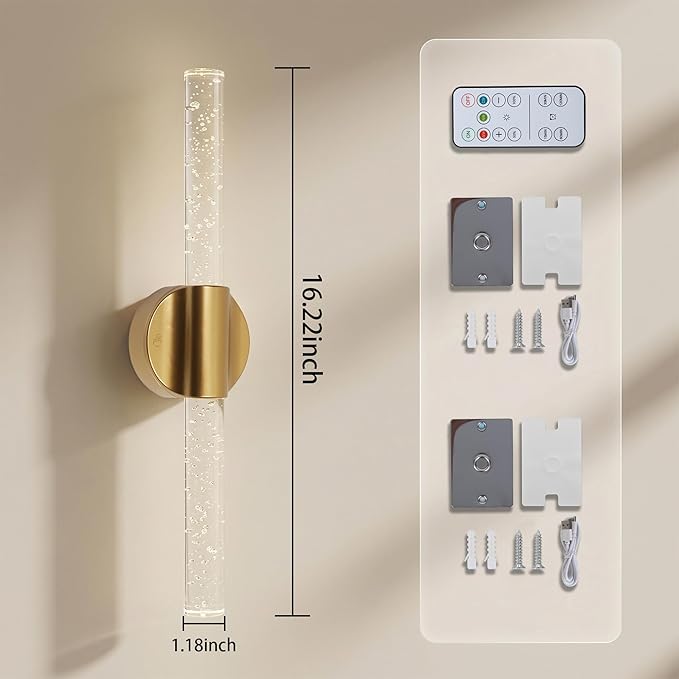 Battery Operated Wall Sconces Set of 2, Rechargeable Wall Lights with Remote Control & Dimmable, Wireless Wall Lamp Fixtures Not Hardwired for Bedroom Living Room Hallway (5400mAh, Gold)