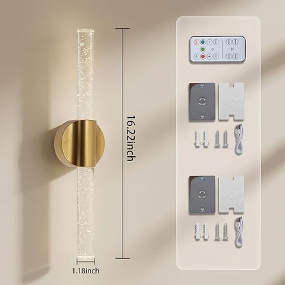 Battery Operated Wall Sconces Set of 2, Rechargeable Wall Lights with Remote Control & Dimmable, Wireless Wall Lamp Fixtures Not Hardwired for Bedroom Living Room Hallway (5400mAh, Gold)