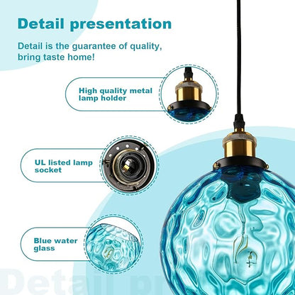 Blue Globe Glass Plug in Pendant Light Mid Century Modern Hanging Ceiling Light Fixture 14.75FT Black Chandelier Lighting for Bedroom Living Room Dining Room