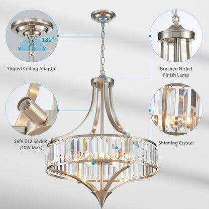 XINGQI Large Crystal Chandelier 21.6" Brushed Nickel Chandeliers for Dining Room, Rustic Farmhouse Pendant 6-Light with Round Metal Shade for Living Room Kitchen Bedroom Office