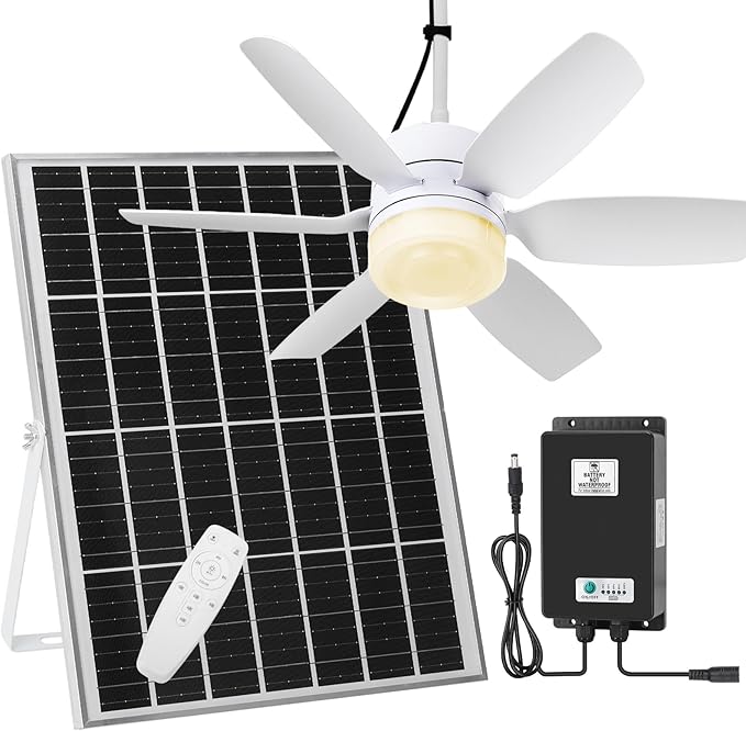 Fanspex 20.5'' Solar Rechargeable Ceiling Fan Light with Battery Backup, 25W Solar Powered Hanging Fans for Outdoor Gazebo, Chicken Coop, Greenhouse, Shed, Pet House