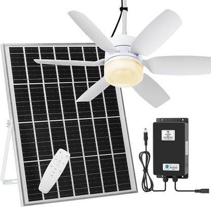Fanspex 20.5'' Solar Rechargeable Ceiling Fan Light with Battery Backup, 25W Solar Powered Hanging Fans for Outdoor Gazebo, Chicken Coop, Greenhouse, Shed, Pet House