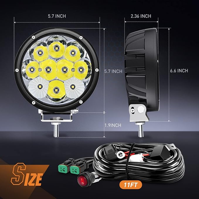 Nilight 5.7 Inch Round 50W LED Driving Light w/ 16AWG DT Connector Wiring Harness 6500LM IP68 Spot Flood Combo Work Lamp for Offroad ATV UTV SUV Motorcycle Truck Tractor Boat (Pack of 4)