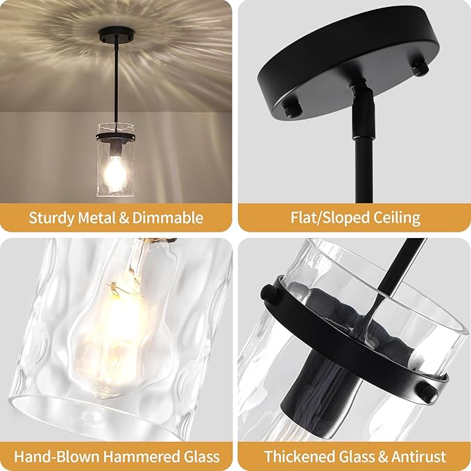 2 Pack Black Pendant Lights Kitchen Island, Modern Hammered Glass Pendant Lighting Over Island Hanging Kitchen Light Fixtures Hallway Ceiling Lights Adjustable Pendant Light for Dining Room Entryway