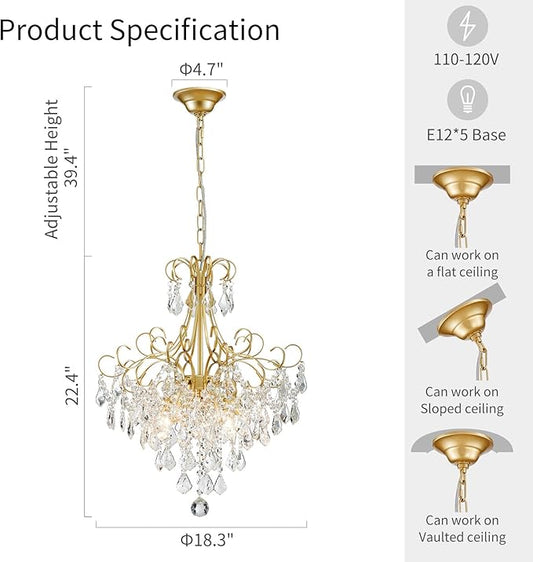 WUZUPS Crystal Chandelier 5-Light Pendant Ceiling Light Modern Lighting Fixture for Dining Room Hallway Bedroom Kitchen Bathroom, H 22.4" x W 18.3", E12 Base, Gold
