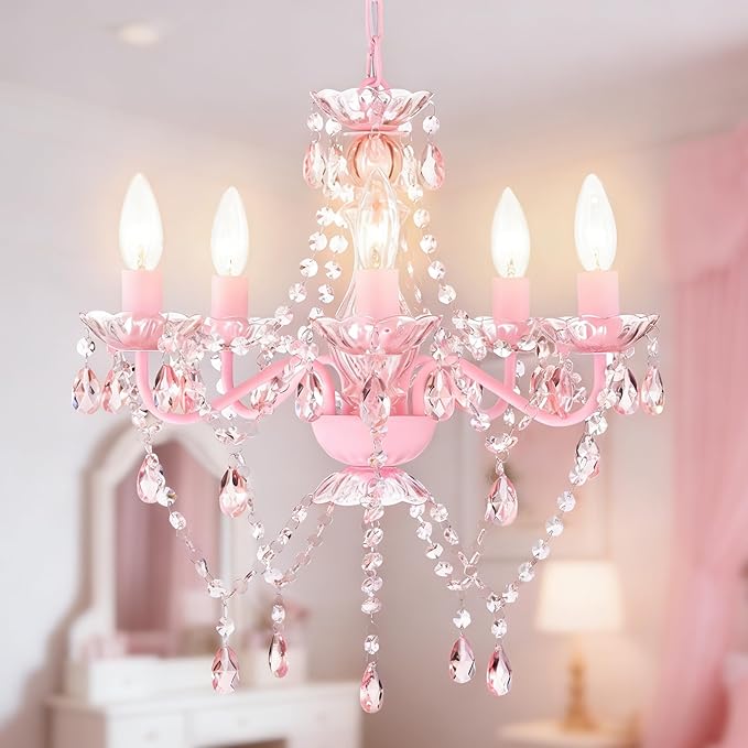 Small Pink Chandelier for Girls Room 5 Light Pink Acrylic Crystal Chandeliers Small Kids Chandelier for Bedroom